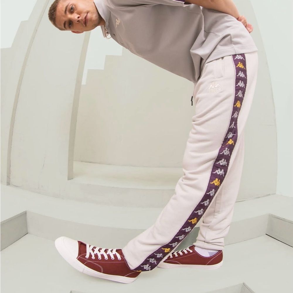 Kappa Track Pants in light grey with the iconic “Omini” logo taping in purple M